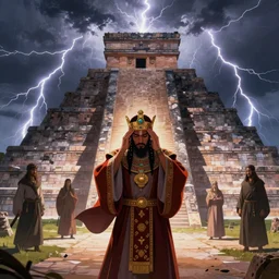 fantasy character illustration of a lavishly robed priest with a headache facing us in front of the aztec temple ( chichen itza ) during a lightning storm, dynamic lighting, trending on artstation, digital art ( by jesper ejsing ) ( by clint cearley ) ( by raluca marinescu ) ( by anna steinbauer )
