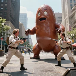 ghostbusters, egon spengler, ray stanz, winston zeddemore, fighting a giant sausage monster in a city square, photograph, highly detailed