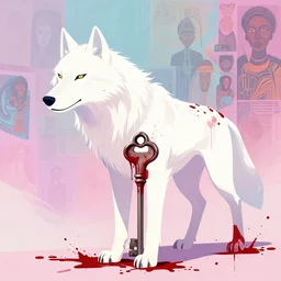 a dreamy otherworldly key shot of blood covered white wolf, pixiv fanbox, dramatic lighting, maximalist pastel color palette, splatter paint, pixar and disney illustration, graphic novel by fiona staples and dustin nguyen, peter elson, alan bean, wangechi mutu, clean cel shaded vector art, trending on artstation