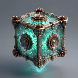 symmetry!! a steampunk manufactured mystical aqua green canal blue bronze red of cube levitate, floral!, elegant, highly detailed, magic surge, intricate, unreal engine 5, concept art ， by greg rutkowski, loish, highly rendered, digital painting, artstation hq