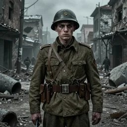 an extremely detailed dark macabre photorealistic matte portrait of a soviet war soldier in a nuclear winter by J.C Leyendecker and Zdzisław Beksiński , Vietnam horror, destroyed street liminal space, dramatic lighting, trending on artstation, 8K, HDR, I cant believe how nightmarish this is