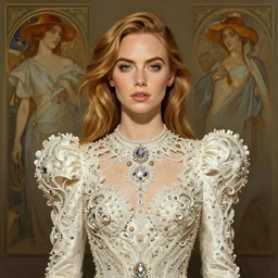 portrait of cara delevingne wearing beautiful haute couture by Alexander McQueen, intricate, elegant, highly detailed, digital painting, artstation, concept art, smooth, sharp focus, illustration, art by artgerm and greg rutkowski and alphonse mucha