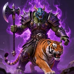 enraged orc king in spiky armor with a purple fiery aura!!!!!!, wearing a dragon mask, holding a poisonous axe, mounted on a tiger, trending on artstation, sharp focus, highly detailed, digital fantasy art