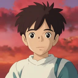 Boy with neutral face, sky red, made by Studio Ghibli, back light, highly detailed art, beautiful scene, sharp focus, smooth, 8k