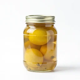 iridescent jar of preserved lemons, 8k product photo, isolated on a pure white background, centered, entire object in frame, sharp focus, soft studio lighting