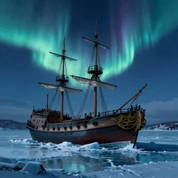 digital painting of a 18th century ship stuck in ice on a cold sea at night. Sharp focus. Northern lights. Cinematic composition.
