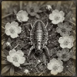 tardigrade!!! daguerreotype portrait photograph. lots of flowers around the tardigrade. ansel adams. highly detailed. old timey.