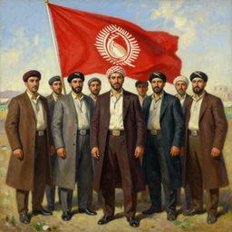 a painting of a group of kurdish people establishingthe republic of mahabad! standing in front of a kurdish flag, an oil painting by ilya ostroukhov, featured on deviantart, socialist realism, ilya kuvshinov, movie still, oil on canvas