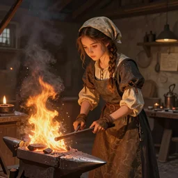 portrait of a young girl working in a blacksmith's forge, fantasy art, fire, digital art, unreal engine, in the style of camille rose garcia and francisco de goya,