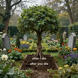the garden ; to dig my flowers garden ; after i die ; after you die ; to dig yours ; to beg them ; to be wet from dawn to dawn ; tree growing from the grave, concept art, mystic garden, ultrarealistic, surreal fantasy