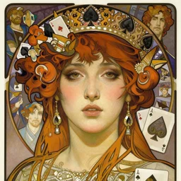 realistic detailed face portrait of the Queen of Spades by Alphonse Mucha, Ayami Kojima, Amano, Charlie Bowater, Karol Bak, Greg Hildebrandt, Jean Delville, and Mark Brooks, Art Nouveau, Neo-Gothic, gothic, playing card suit spades, black spades, playing cards, rich deep moody colors