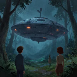 one large alien spaceship in a forest at night. raining. cyril roland. jim burns. naomi okubo. trending on artstation. digital painting.