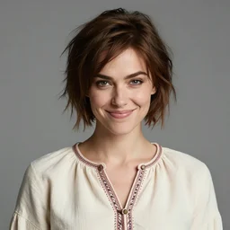 a beautiful woman, beauty, high cheek bones, half onesided smile, mischievous, bard, brown hair, messy hairstyle, short hair, cream colored peasant shirt, brown pants, leather boots, dark green cloak, round hood, elf ears, youthful, white background, proportionate, by Tony Sart, trending on artstation, realistic, highly detailed, masterpiece