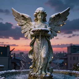a stone statue of angel, statue is a fountain, water is dripping from angel's eyes, there is midnight sunset, rim lights and caustics, super realistic render vray, clouds and corrupted city behind, blizzard sharp dynamic lights, anime style, studio ghiblli, angel is on center of an image, ambient and particles are flying