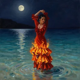 detailed oil painting of spanish flamenco dancer wearing a dress made of fire, standing waist deep in crystal clear water, midnight, moon, dimly lit, looking away, dark shadows, ethereal, photo realistic, high definition, 4 k, slr