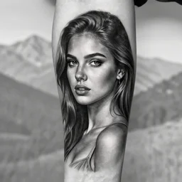 a beautiful girl in front of a faded mountain background, in the style of den yakovlev, black and white, realism tattoo, hyper realistic, highly detailed