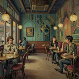 illustrated portrait interior steampunk cafe, modern art deco, colorful, mads berg, christopher balaskas, victo ngai, fine texture, detailed, muted colors, dynamic composition, matte print, wide angle, moody, very grainy texture, ( ( strongly stippled shadows ) )