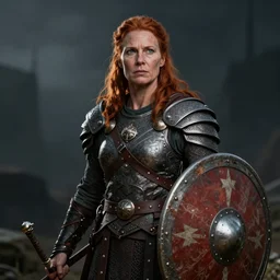 female norse yarl with ginger hair, middle aged, war, armour and shield, epic lighting, muscular, portrait, artstation