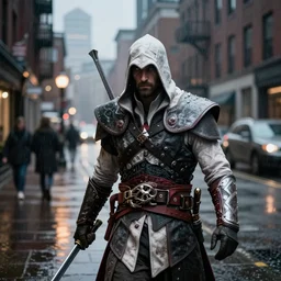 connor kenway from assassin's creed 3 on the street of modern boston, rainy evening, sharp focus, shot on iphone,