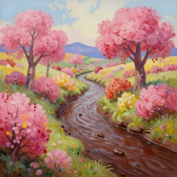 a beautiful landscape, oil painting, candy bushes, candy trees, chocolate river