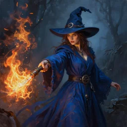 oil matte portrait, witch in blue robes and hat using fire magic, flamethrower spell. digital painting, fantasy, concept art, cinematic colors, realistic shaded. by ilya kuvshinov, magali villeneuve, artgerm, greg rutkowski