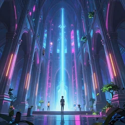 interior shot of futuristic cathedral, neon lights, james gurney, katsuhiro otomo, james paick, cinematic lighting, artstation, vibrant nature, anime style, Craig Mullins, Greg Rutkowski, Pete Morbacher, Tuomas Korpi, tekkon kinreet, volumetric light, artstation, , octane render, redshift render, low angle camera