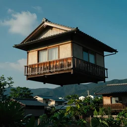 surreal kyoto suburb, floating house in the sky, summer morning, very coherent and colorful high contrast, art by!!!! gediminas pranckevicius!!!!, geof darrow, dark shadows, hard lighting