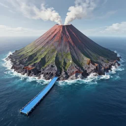 highly detailed portrait of a volcano filled with water, the blue dock on the water, ultra wide angle, finer details, by victo ngai and greg rutkowski, trending on artstation.