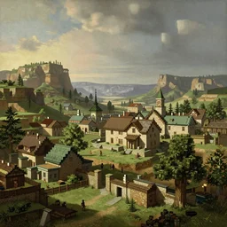 a minecraft village, by canaletto
