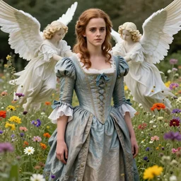 a masterpiece hyperrealistic ultradetailed fullbody photograph of a lifelike real human emma watson in full 1 8 th century dress, surrounded by wildflowers, gorgeous angel, vibrant lgbt hairs, rough skin texture, photoreal image, in the style of wlop, photoreal, overrendered, blender, unreal engine, extremely detailed, trending on artstation, sharp focus, 4 k