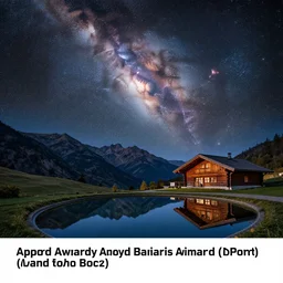 a beautiful double exposure of an astrophotography image of nebula by hubble in the sky and a night time landscape with mountains, reflecting pool, wooden chalet, lpoty, award winning, apod