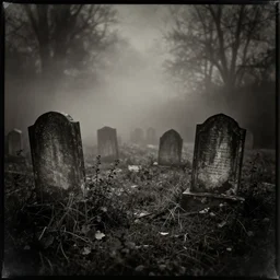 albumen print photograph of an abandoned graveyard, with overgrown weeds and crumbling tombstones. Horrific fog, scary lighting, cursed atmosphere, spooky blur, eerie, macabre, dark, dreary, dismal, joyless, grim. Highly detailed, photographic, realistic, cinematic, dramatic