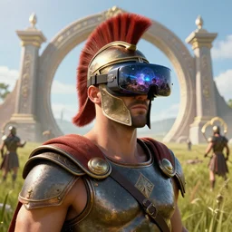 very detailed portrait of spartan warrior at field wearing vr glasses, witnessing the history and future, in front of magical time gate, digital art by deviantart artstation artgerm, 3 d octane unreal engine, 8 k high detailed with natural lighting