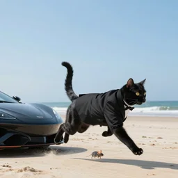 cat in full black suit chasing a mouse in a sports car on the beach