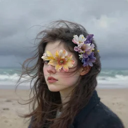 closeup, flower head, a girl on beach, surreal photography, wind and cold, dramatic sky, impressionist painting, digital painting, artstation, simon stalenhag