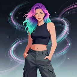 a award winning half body portrait of a beautiful krysten ritter in a croptop and cargo pants with ombre purple pink teal hairstyle and hands in pockets by ari liloan, surrounded by whirling illuminated lines, outrun, vaporware, shaded flat illustration, digital art, trending on artstation, highly detailed, fine detail, intricate