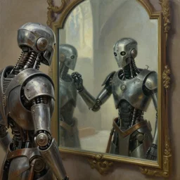 oli painting of a medieval cyborg looking its reflection on a big mirror, mechanism visible symmetric defined ultra hd realistic tones