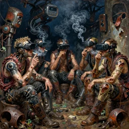 junky men sitting and smoking cigarette, cybertronic gadgets and vr helmet, flesh + technology, durty colours, night, rotten textures, rusty shapes, biotechnology, norman rockwell, tim hildebrandt, wayne barlow, bruce pennington, larry elmore, oil on canvas, deep depth field, masterpiece, cinematic composition, hyper - detailed, hd, hdr