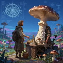 merchant stand of portobello mushroomfolk merchant nomads traveling through a psychedelic landscape, in the style of Greg Broadmore and Arthur Rackham and Moebius, trending on artstation, light lighting side view,digital art,surrealism ,macro,blueprint ,vaporwave ,