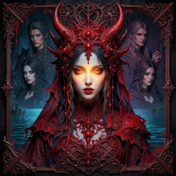 anaglyph effect ayami kojima, amano, karol bak, greg hildebrandt, and mark brooks, neogothic art, detailed, trending on artstatio, beautiful girl in lake with light up face, poster art by anne stokes, behance contest winner, gothic art, macabre, darksynth by tomasz alen kopera and justin gerard, symmetrical features, ominous, magical realism, texture, intricate, ornate, red adornements, red torn fabric, radiant colors, volumetric lighting, micro details, 3 d sculpture, ray tracing, 8 k