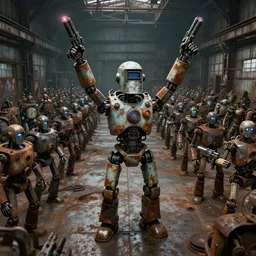 a deranged robot wearing a welding helmet, arms held high in triumph, standing in front of hundreds of robots inside a huge rusty dingy warehouse, raygun gothic, atomic punk, digital art, detailed octane render, high angle