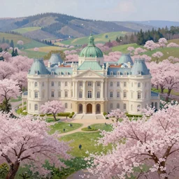 a beautiful painting of a gorgeous palace full of cherry blossoms, over the rolling hills and forests by greg rutkowskiand thomas kinkade, trending on artstation.