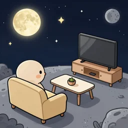 a sofa and a table and a TV on the moon in cartoon style