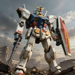 an very rusty junk of Gundam robot ,wrecked , damage , photorealistic, post apocalyptic,