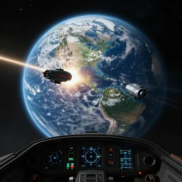 ingame screenshot of elite dangerous, Guard AI attacks Earth, view from cockpit, in-game footage
