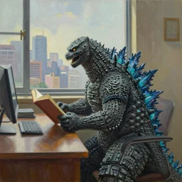 godzilla sitting at a desk reading a book, window on the back wall has a city backdrop, oil on canvas, artstation
