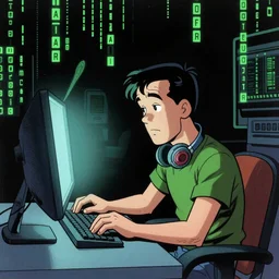 a computer nerd guy sitting in front of a computer screen in a dark room, in the style of archie comics (1963), artstation, HQ scan, by geof darrow and moebius, geof darrow art, moebius art, hacker vibe, matrix vibe,