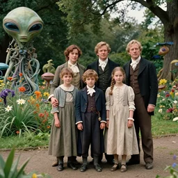 highly detailed, 36864k film, 175000mm film still from a sci fi blockbuster color movie made in 2019, set in 1860, of a family standing in a park, next to some strange alien plants and flowers, on an alien planet, the family are all wearing 1860s era clothes, good lighting, enhanced faces, 700mm f/1.4L lens