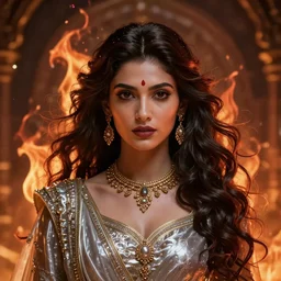 Portrait painting of a beautiful indian princess born of fire, stunning 3d render inspired art by P. Craig Russell and Barry Windsor-Smith + perfect facial symmetry + dim volumetric lighting, vibrant dark wavy hair, ornate flowing silvered robes, 8k octane beautifully detailed render, post-processing, extremely hyperdetailed, intricate, epic composition, grim yet sparkling atmosphere, cinematic lighting + masterpiece, trending on artstation, very very detailed