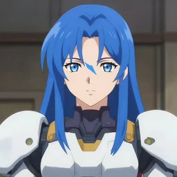 female warrior piloting a mech, symmetrical eyes, blue hair, symmetrical face, kyoto animation, last exile, gustav klimt, loish, murata range, kawaii, yoshitaka amano, manga, bright colors, beautiful